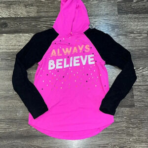 Girls pink and black size 12 long-sleeve top with a hood